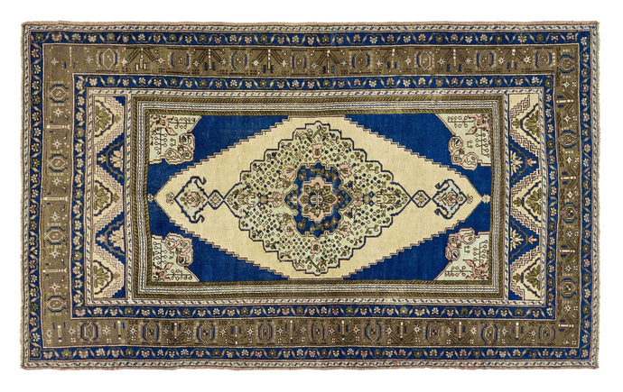 5x8 Steel Blue & Light Yellow & Dark Olive Green Old & Vintage Turkish Area Rug